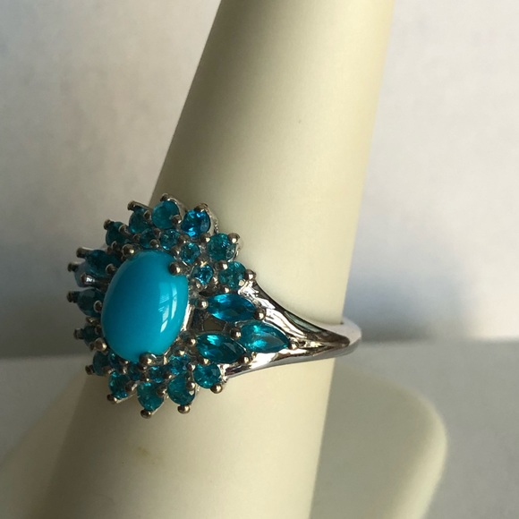 Sleeping Beauty Turquoise Gemstone & Neon Apatite in Platinum Ring - Picture 2 of 4